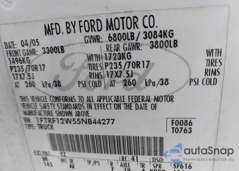 2005 Ford F-150 Stx/Xl/Xlt из США, поврежденный, VIN 1FTRF12W55NB44277